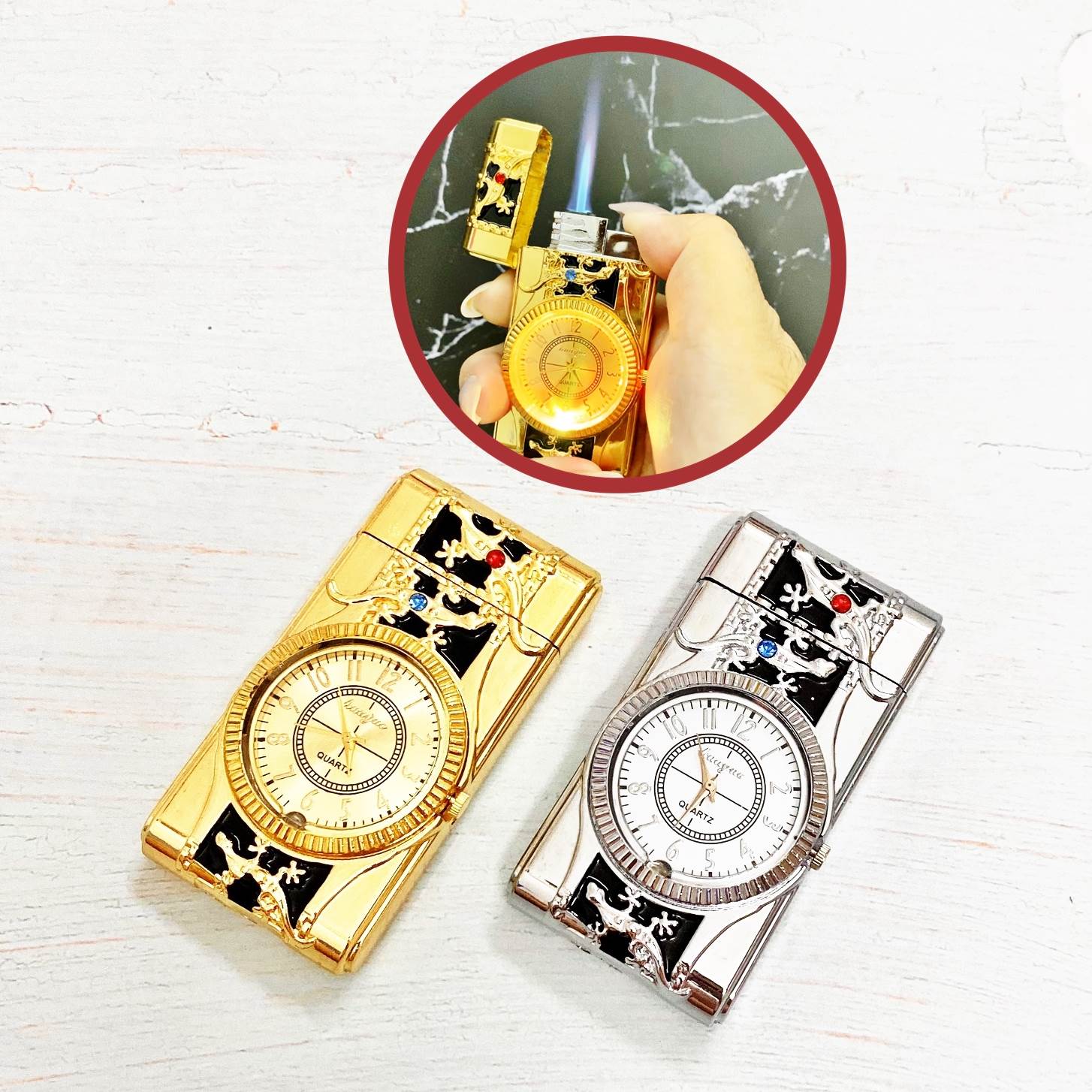 Bật lửa đồng hồ hình tắc kè - có đèn led - xài gas