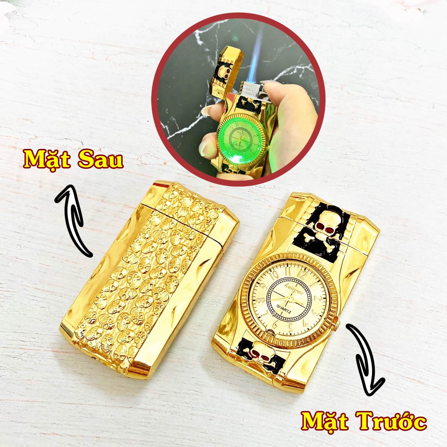 Đồng hồ bật lửa hình đầu lâu có đèn LED dùng gas lửa khò - có hộp
