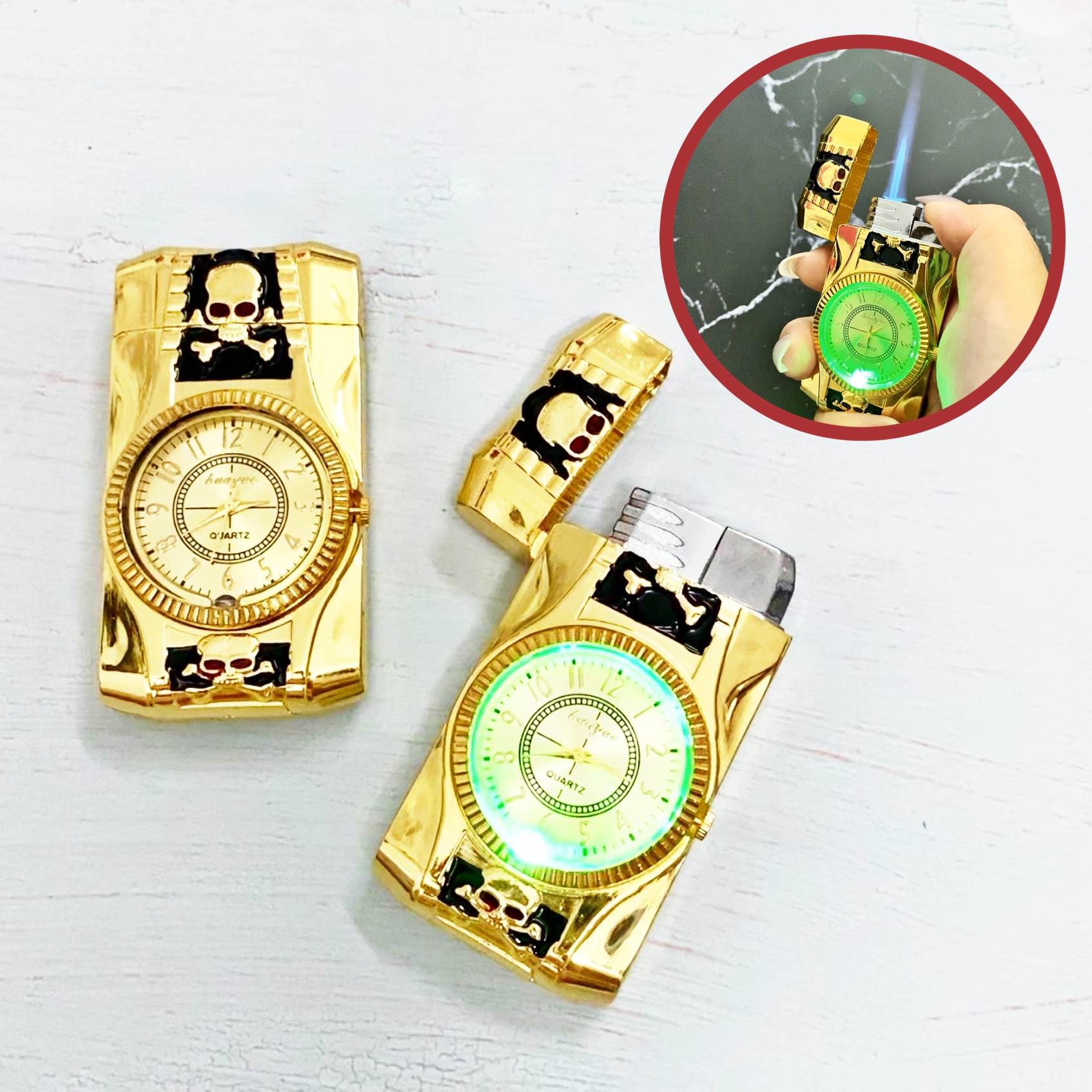 Đồng hồ bật lửa hình đầu lâu có đèn LED dùng gas lửa khò - có hộp