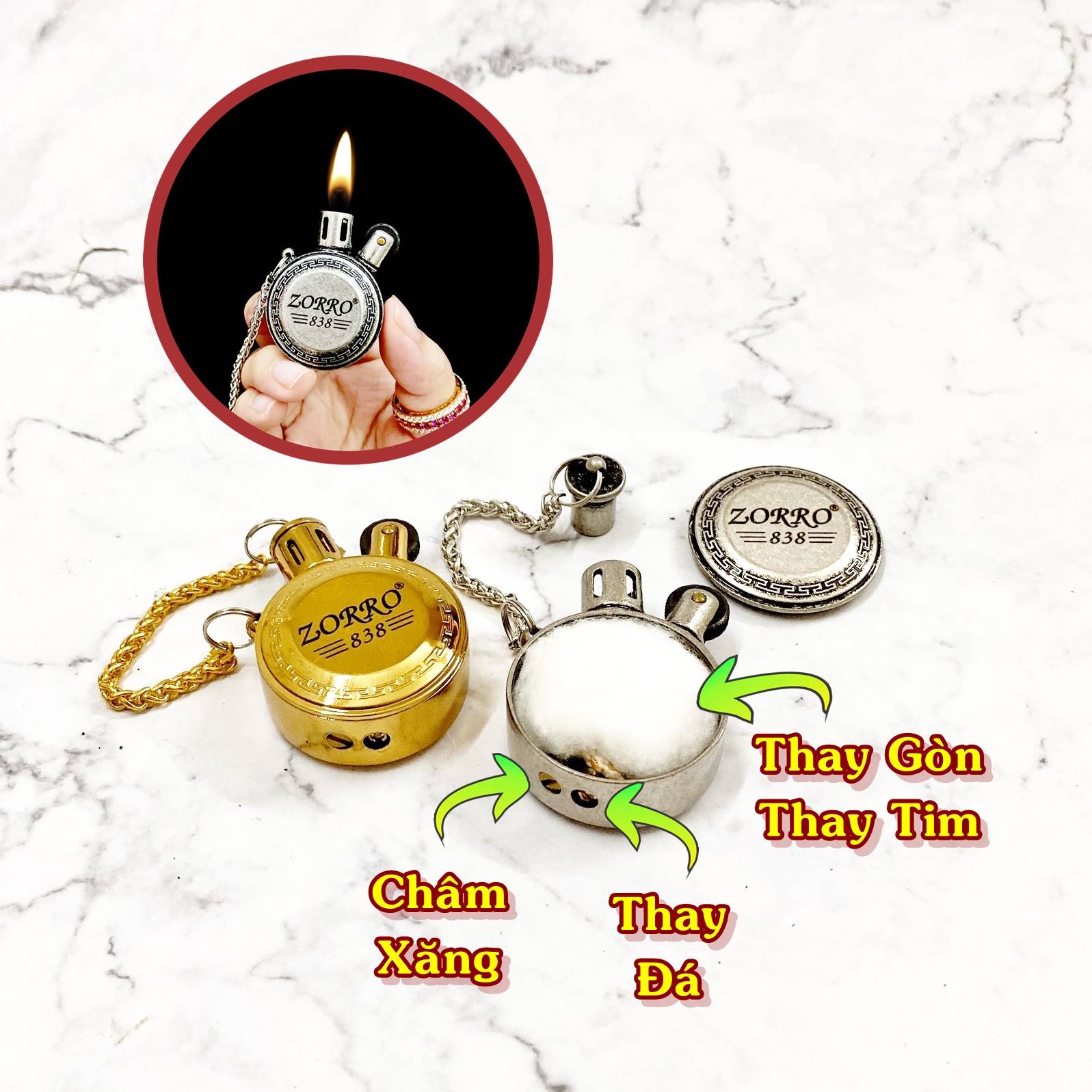 Bật lửa Zorro Z838 kiểu quả quýt xăng đá cổ