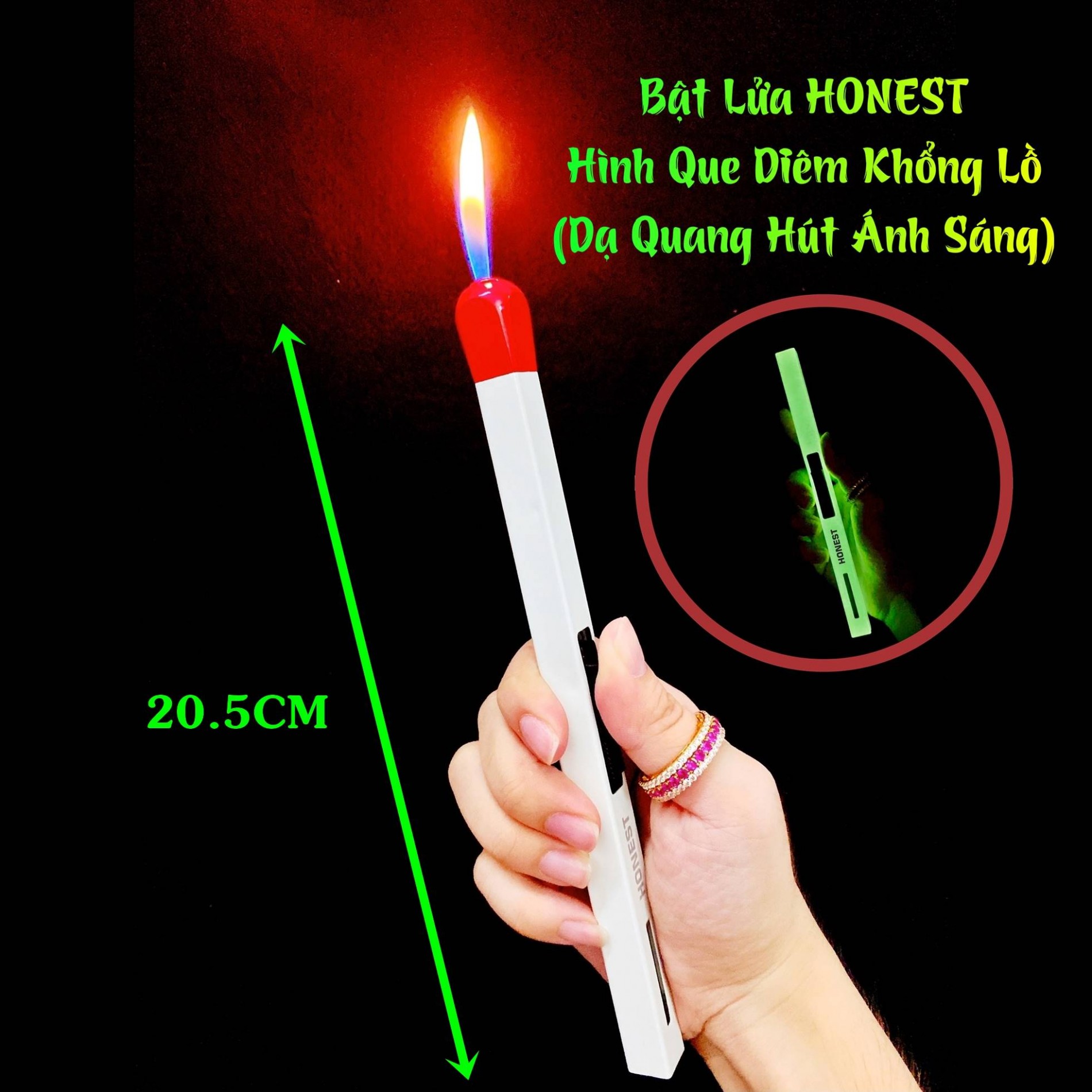 Bật lửa Honest hình que diêm khổng lồ - dạ quang hút ánh sáng xài gas