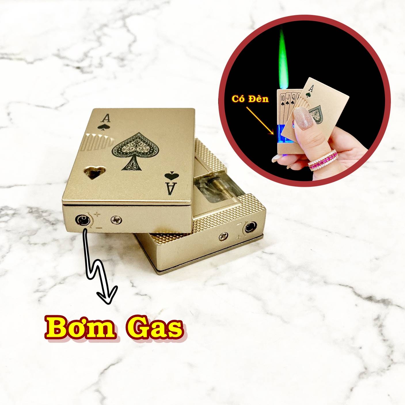 Bật lửa hình lá bài gas lộ thiên bằng kim loại dùng gas