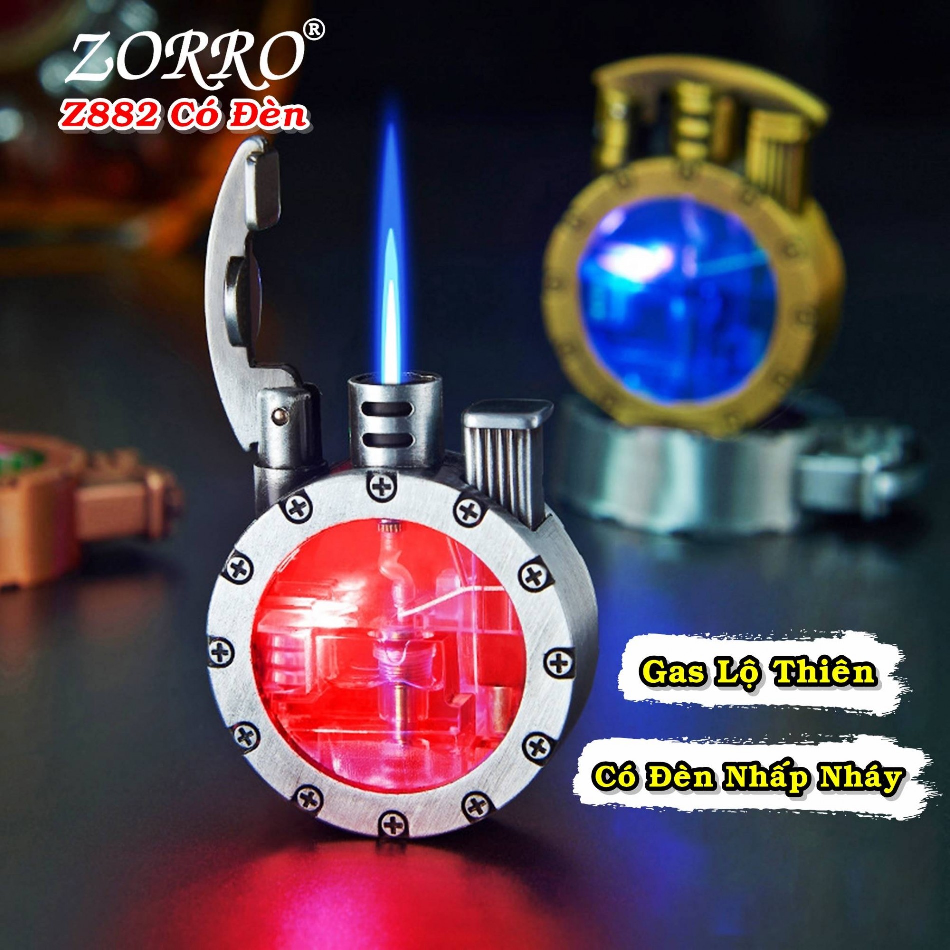 Bật lửa khè gas lộ thiên zorro z882 (có đèn nhấp nháy) - (xài gas)