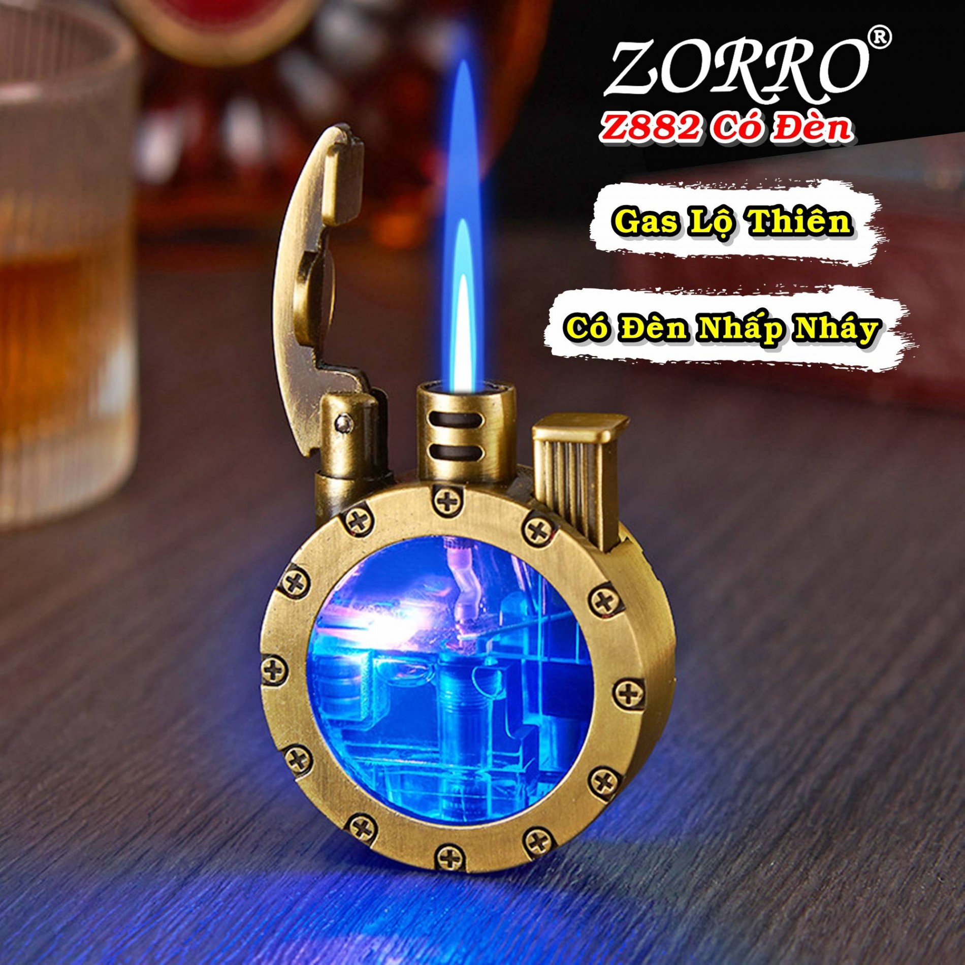 Bật lửa khè gas lộ thiên zorro z882 (có đèn nhấp nháy) - (xài gas)