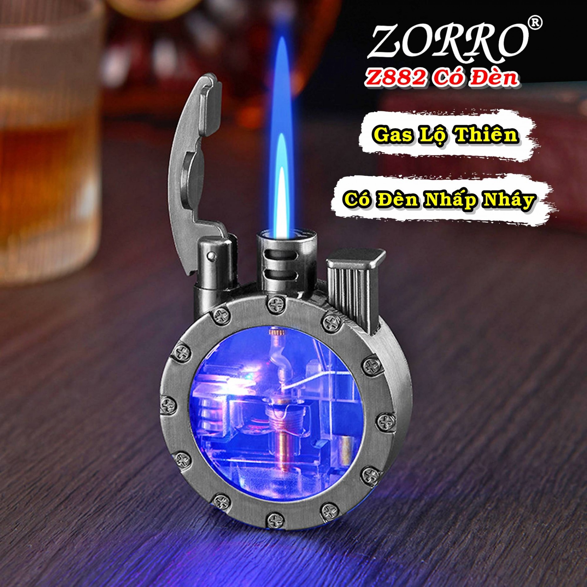 Bật lửa khè gas lộ thiên zorro z882 (có đèn nhấp nháy) - (xài gas)
