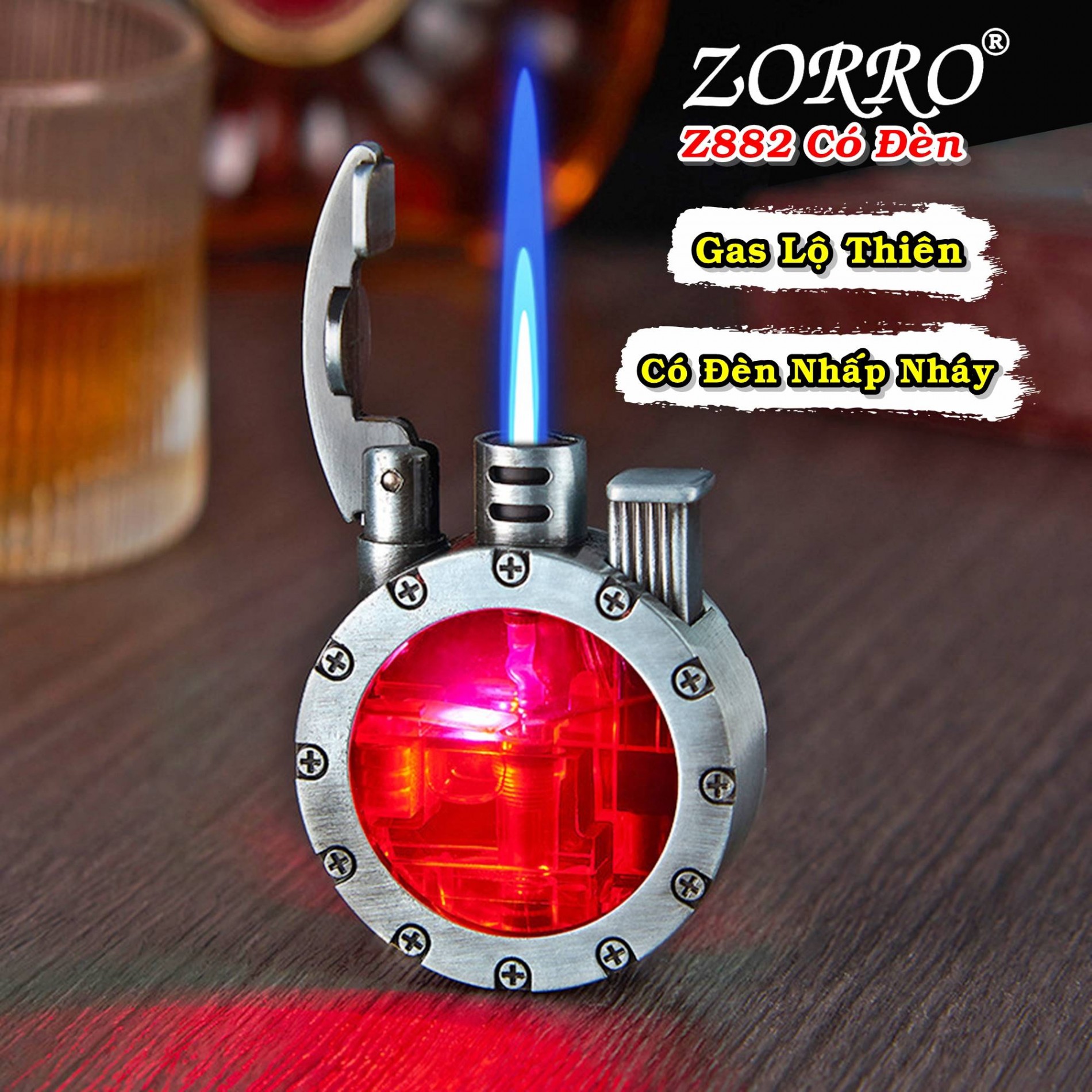 Bật lửa khè gas lộ thiên zorro z882 (có đèn nhấp nháy) - (xài gas)