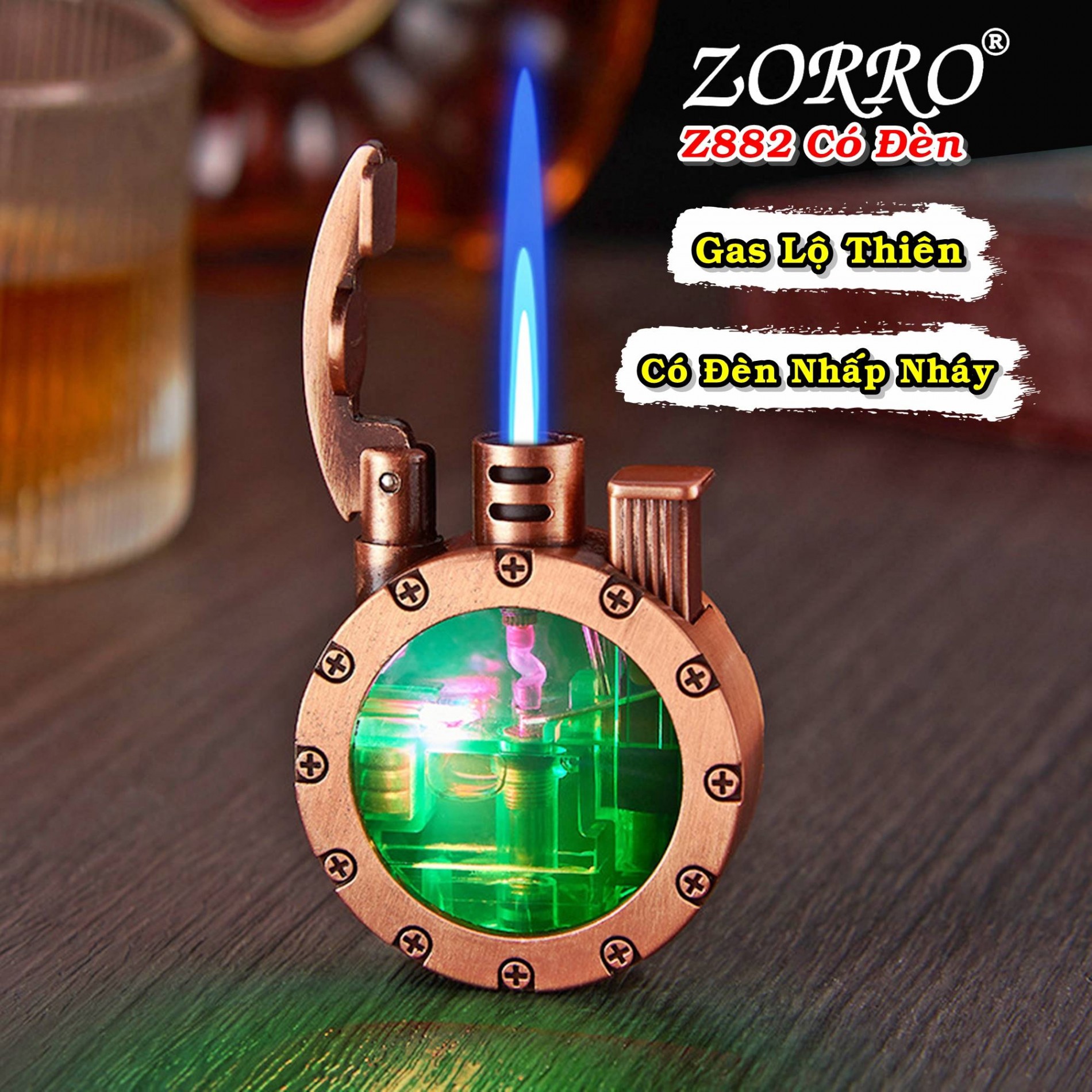 Bật lửa khè gas lộ thiên zorro z882 (có đèn nhấp nháy) - (xài gas)