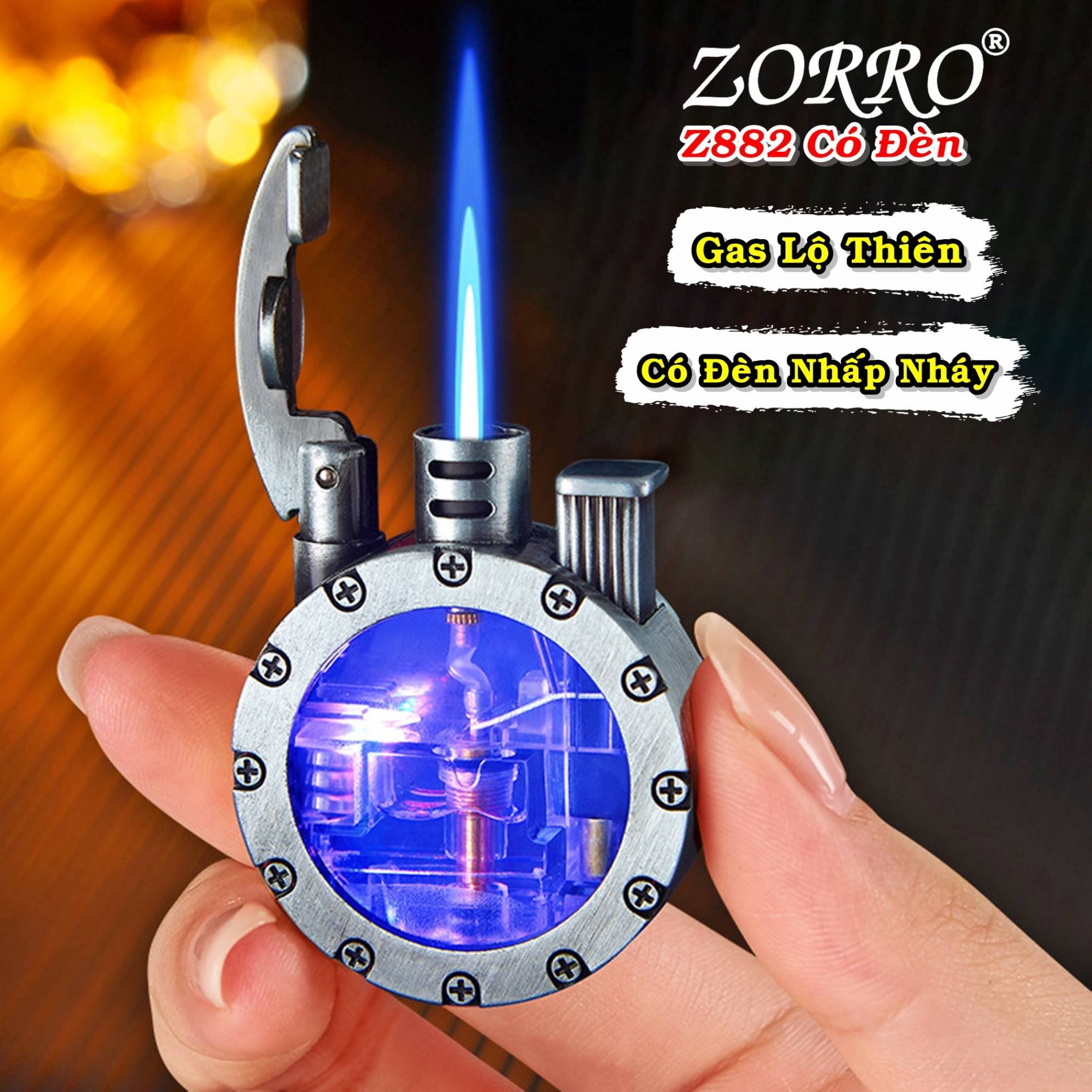 Bật lửa khè gas lộ thiên zorro z882 (có đèn nhấp nháy) - (xài gas)