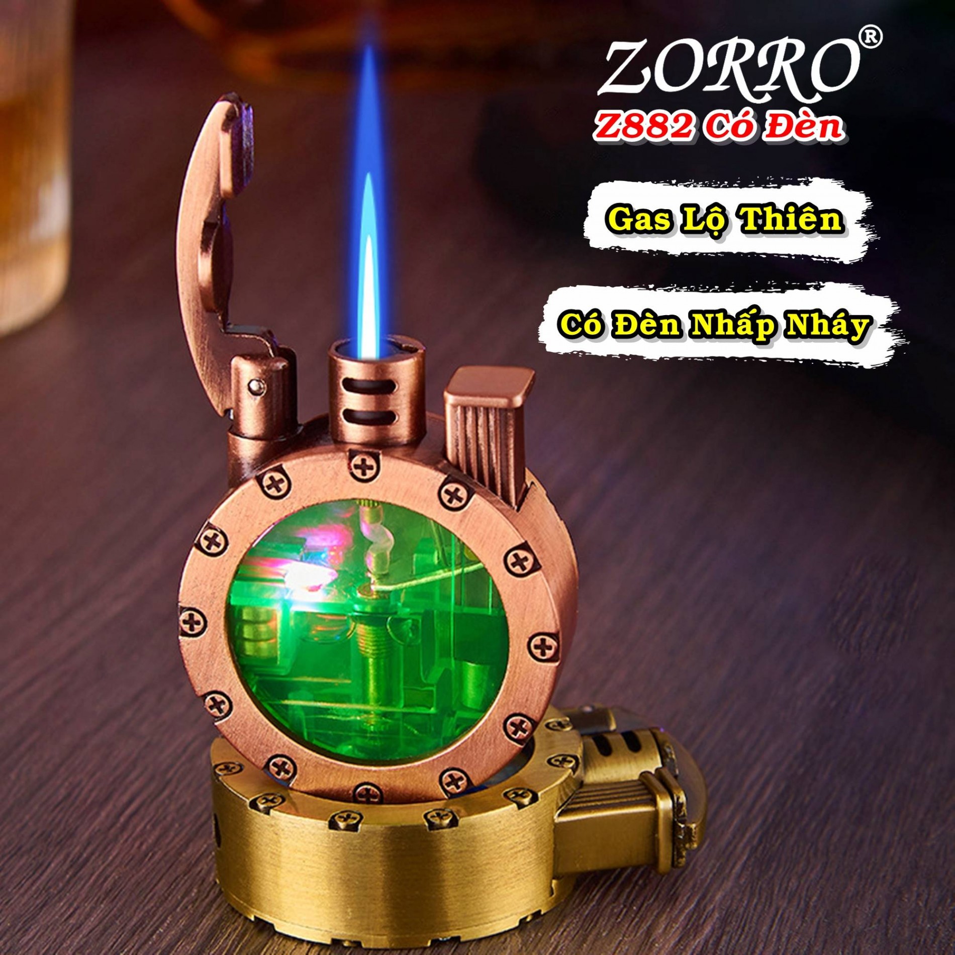 Bật lửa khè gas lộ thiên zorro z882 (có đèn nhấp nháy) - (xài gas)