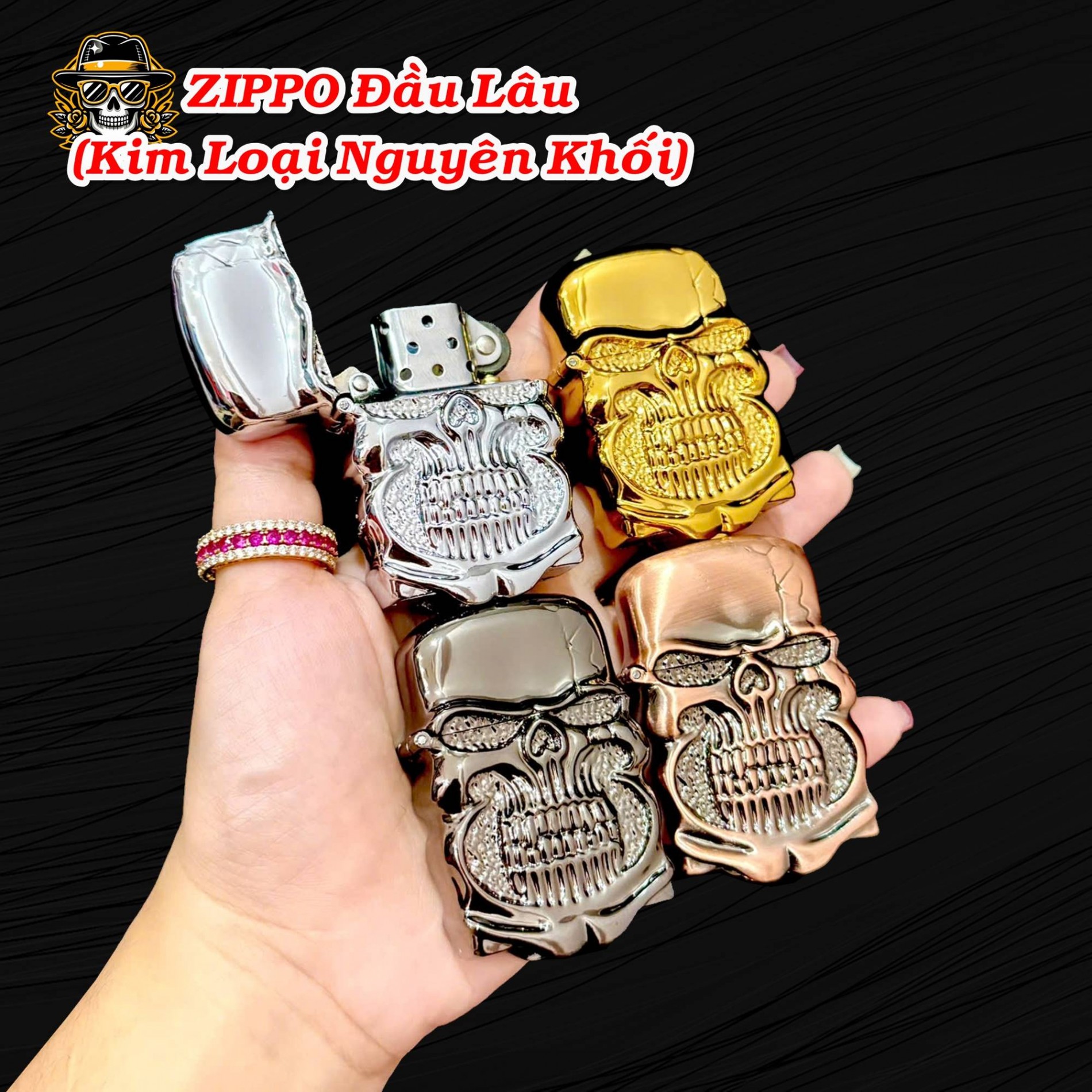 Bật lửa Zippo hình đầu lâu kim loại nguyên khối xài xăng