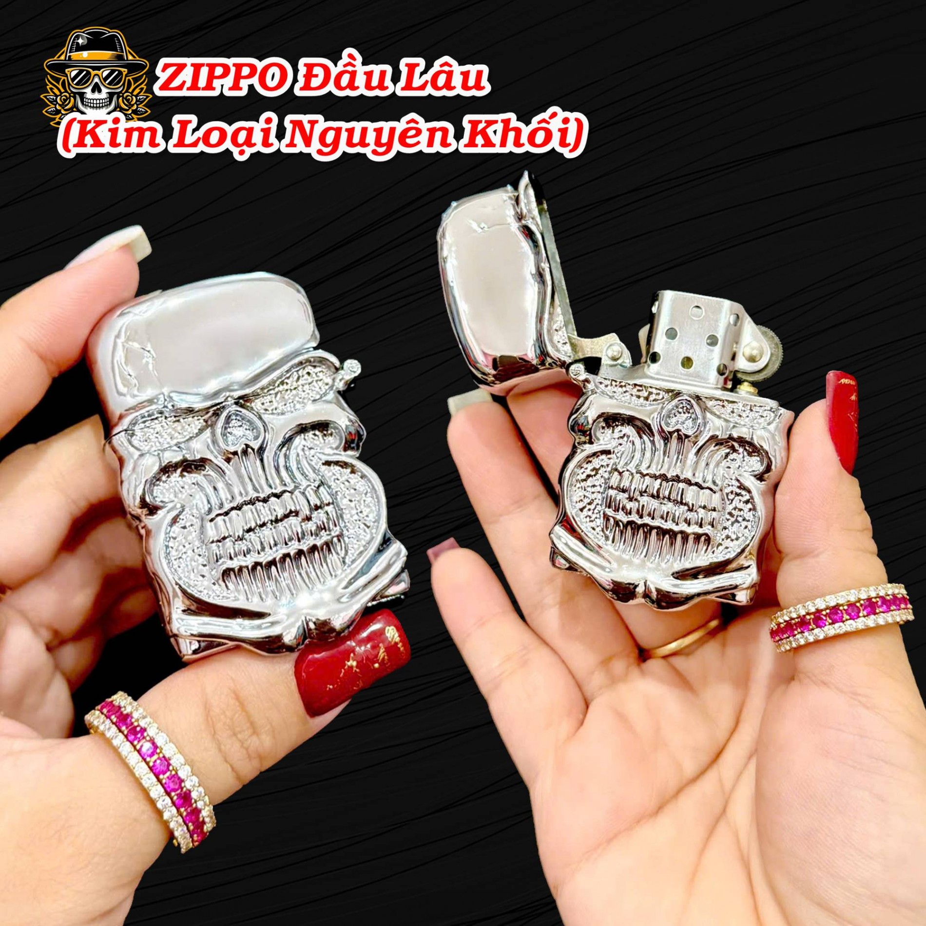 Bật lửa Zippo hình đầu lâu kim loại nguyên khối xài xăng