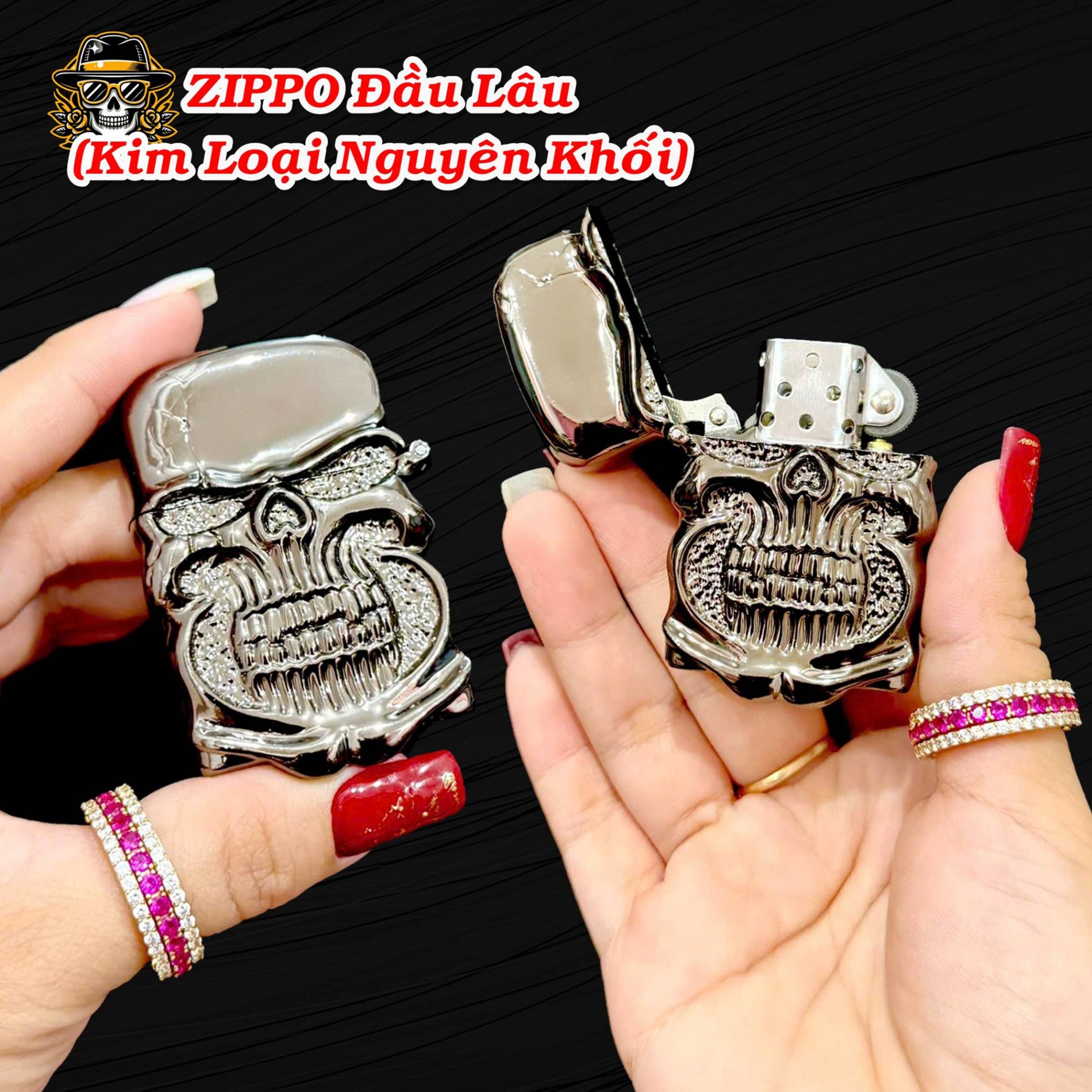 Bật lửa Zippo hình đầu lâu kim loại nguyên khối xài xăng