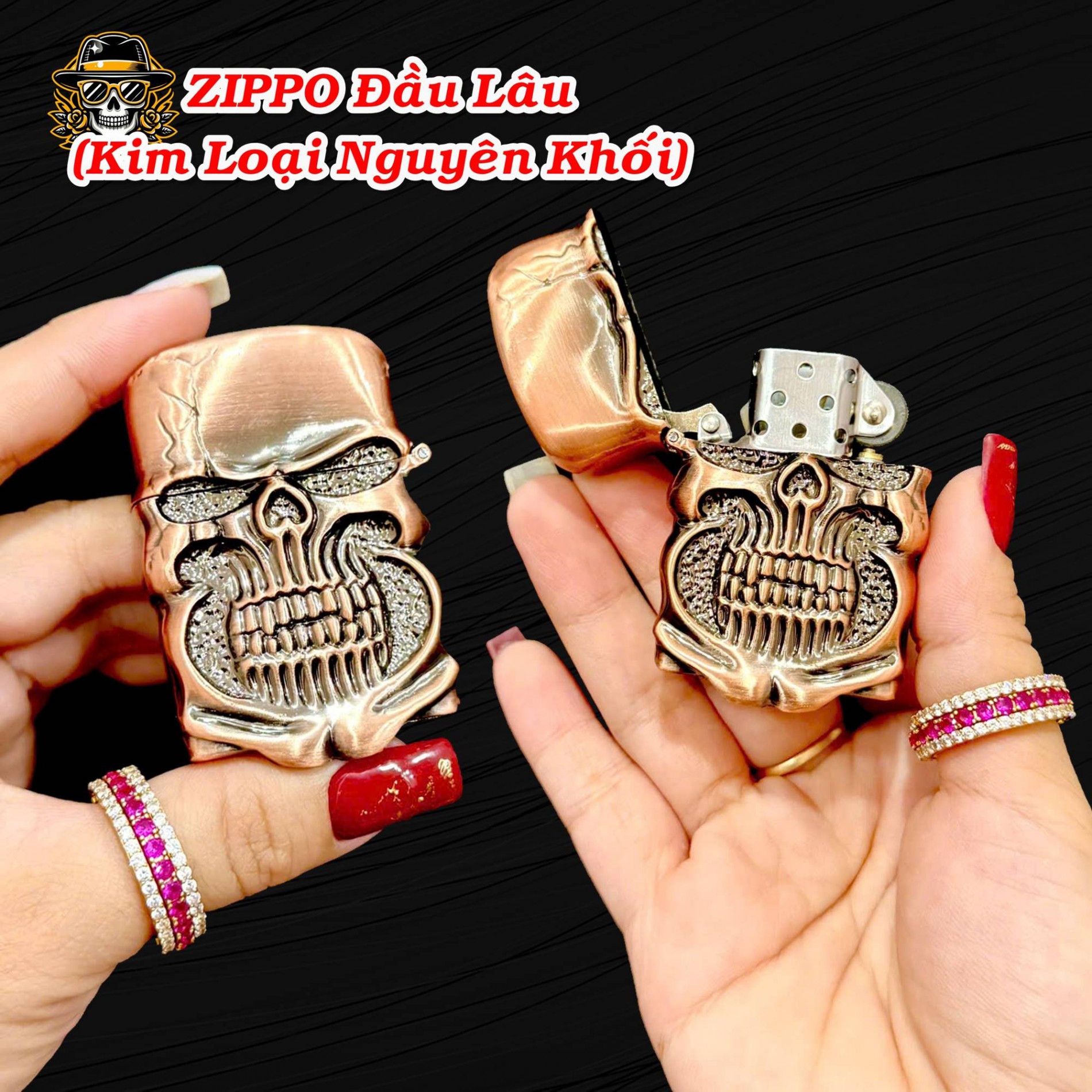 Bật lửa Zippo hình đầu lâu kim loại nguyên khối xài xăng