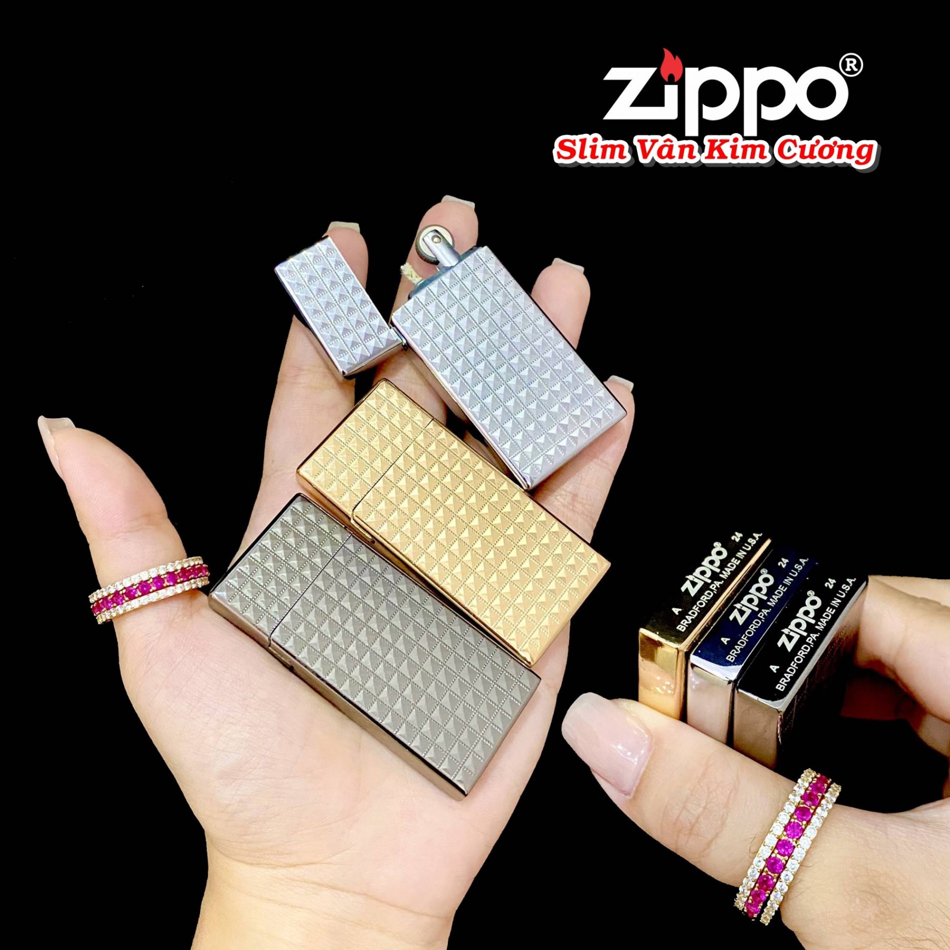 Bật lửa Zippo slim vân kim cương dùng xăng